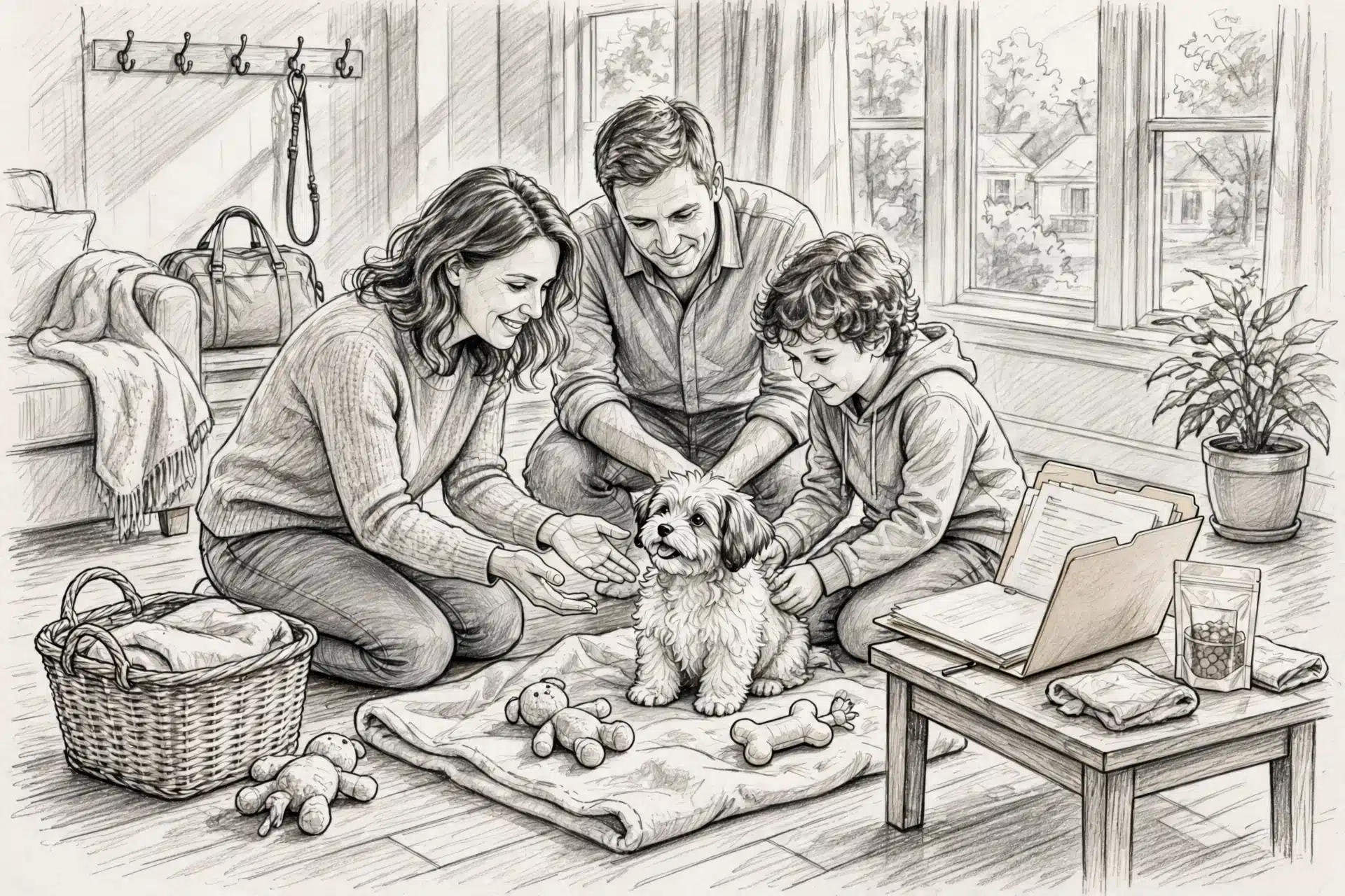 Family greeting Havanese puppy during home pickup