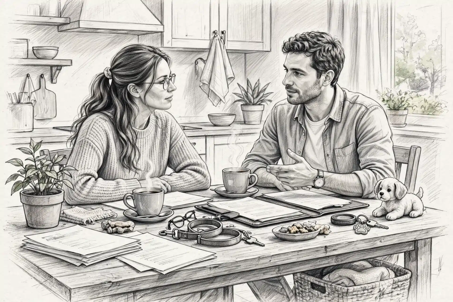 Couple reviewing breeder notes over coffee