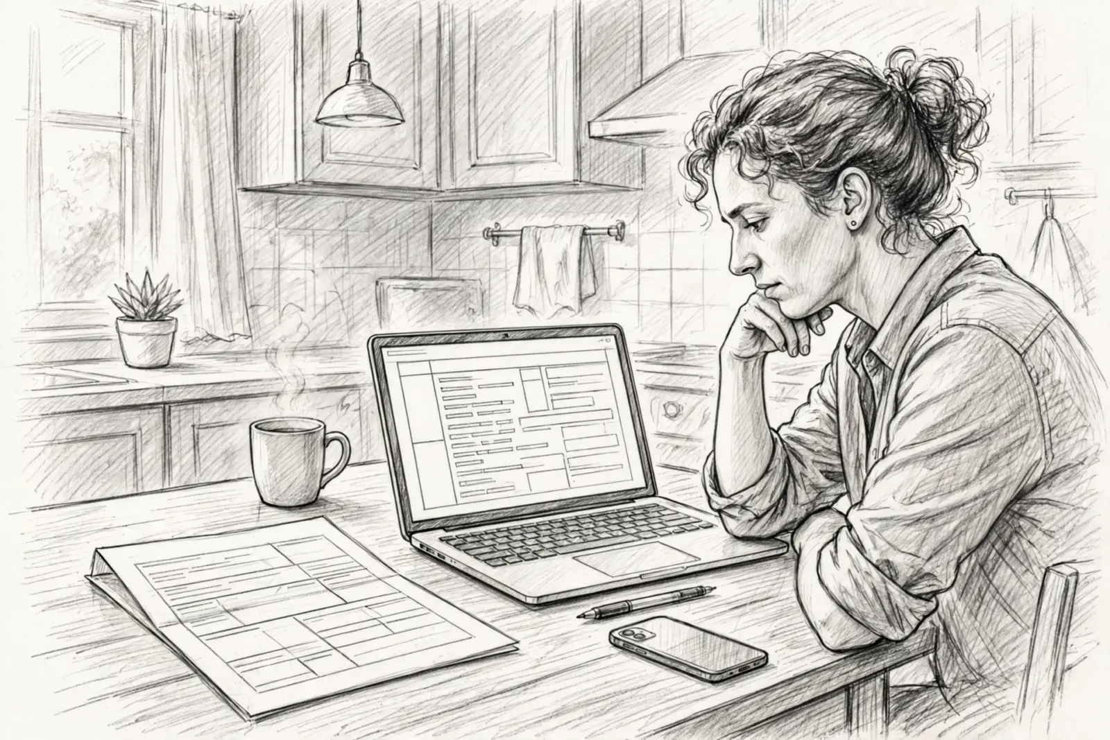 A woman with curly hair in a bun looks intently at a laptop screen in a kitchen, with documents and a coffee mug on the table. This scene relates to verifying Arkansas puppy breeder licenses.