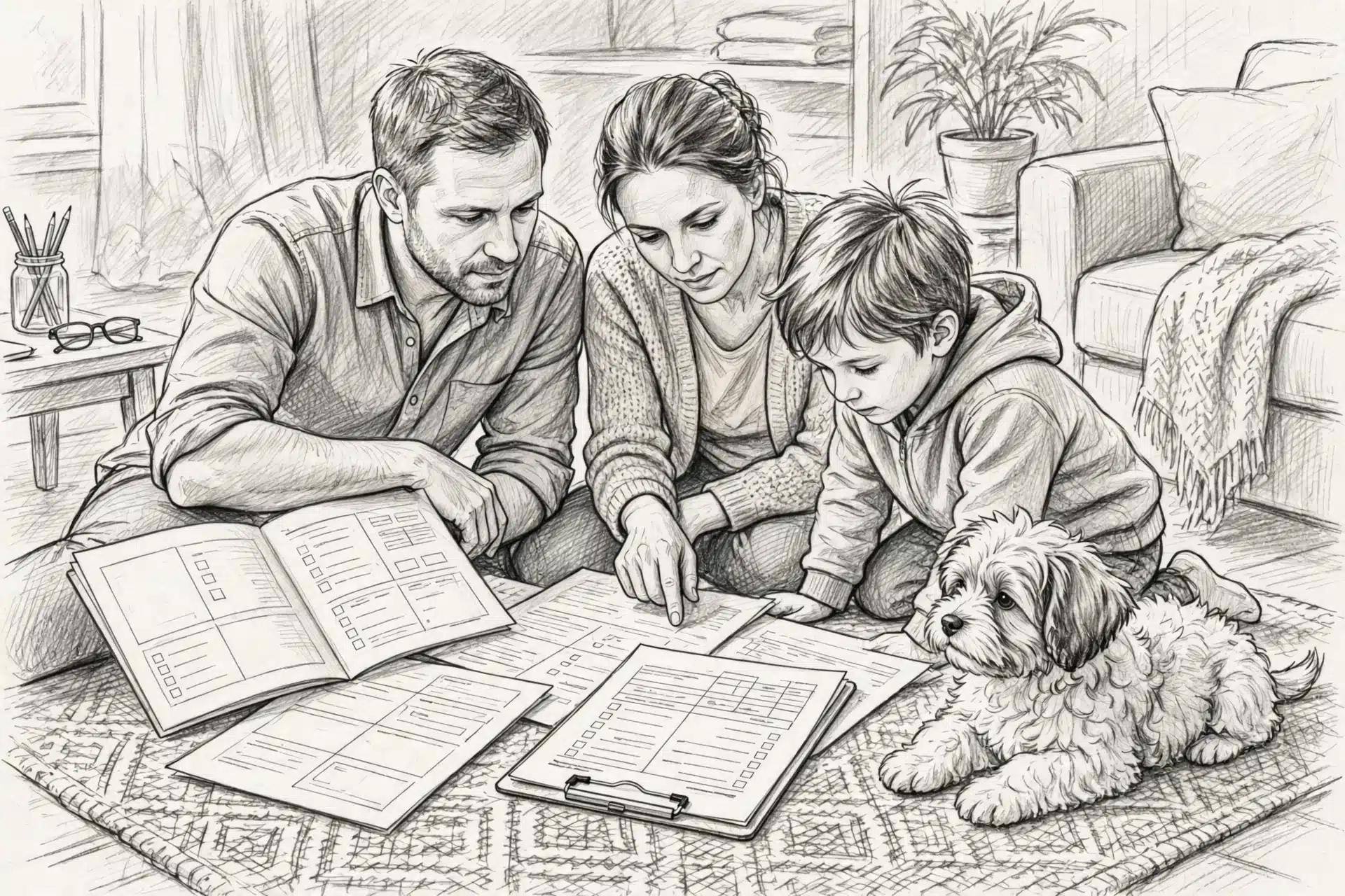Family reviewing puppy vaccination record with Havanese