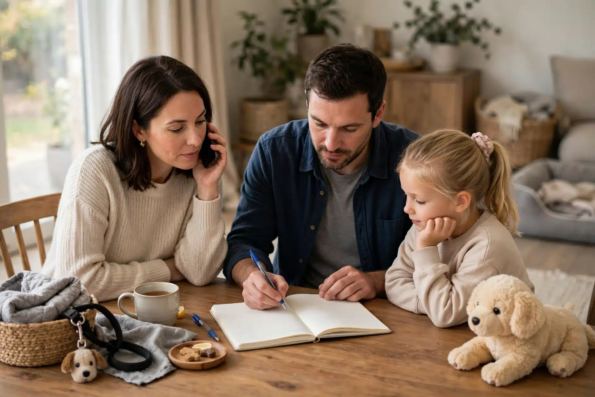 Family taking notes during breeder phone call