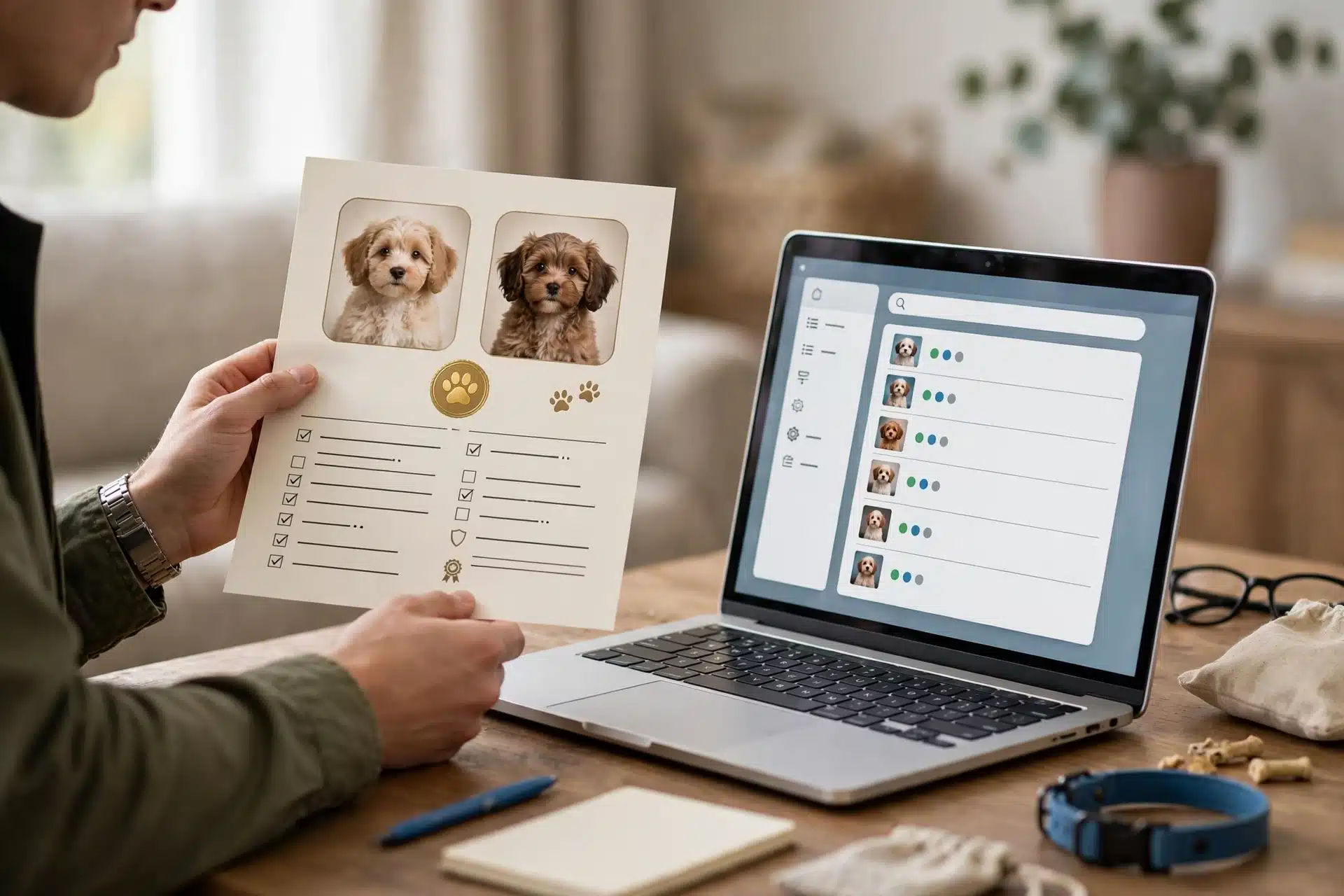 Buyer comparing health certificate with laptop search