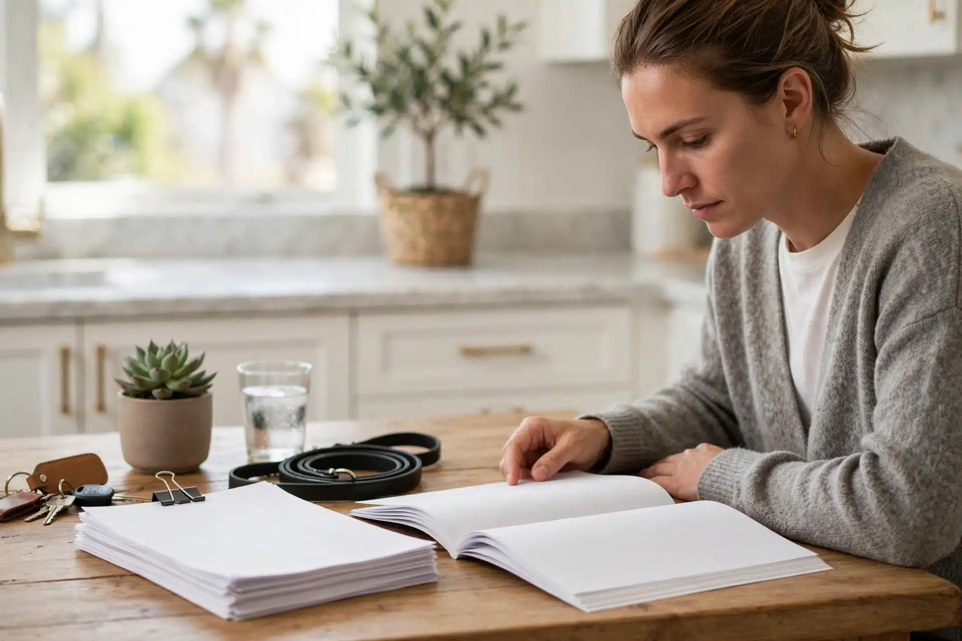 Buyer reviewing puppy contract at kitchen table