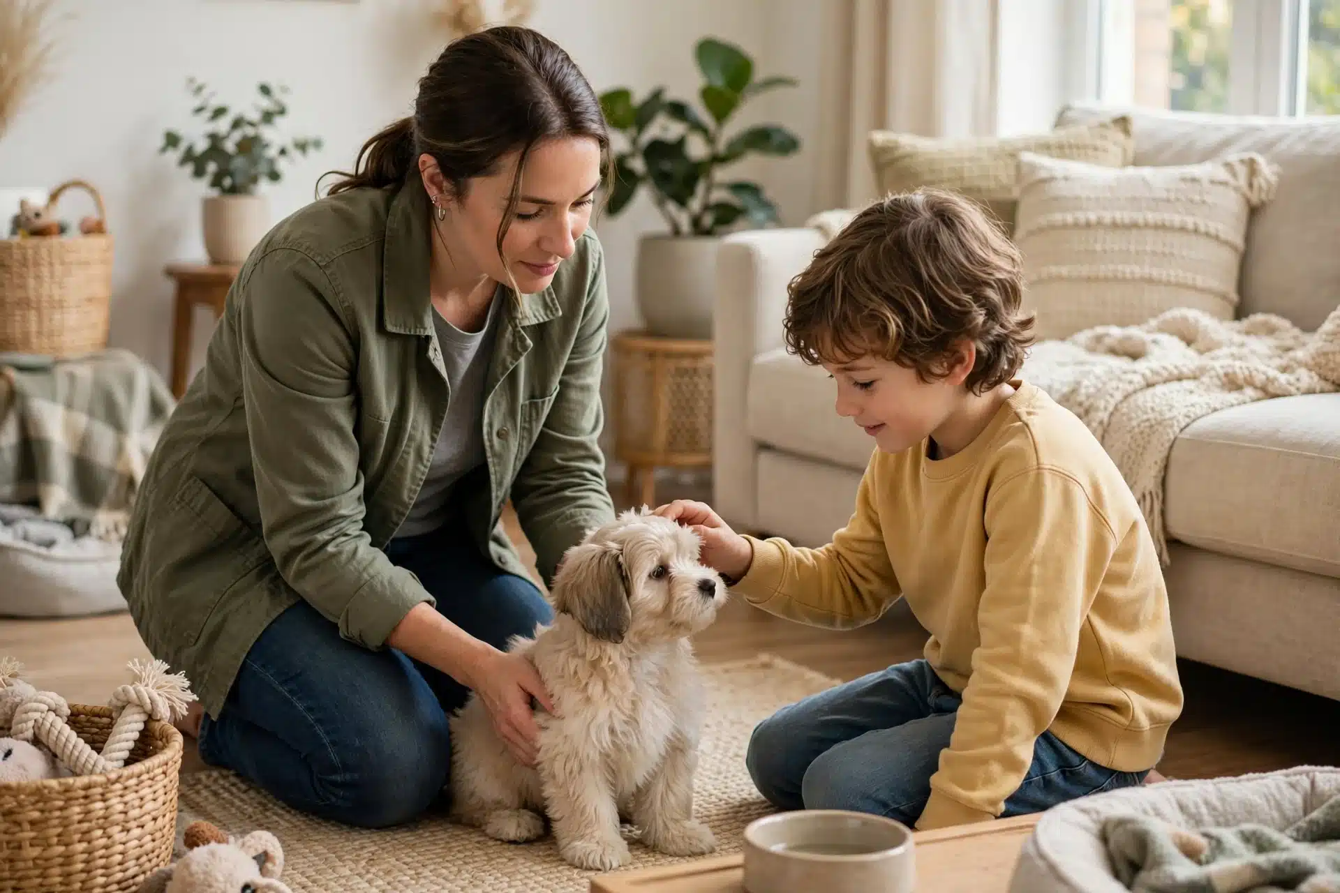 Breeder introducing puppy to young child