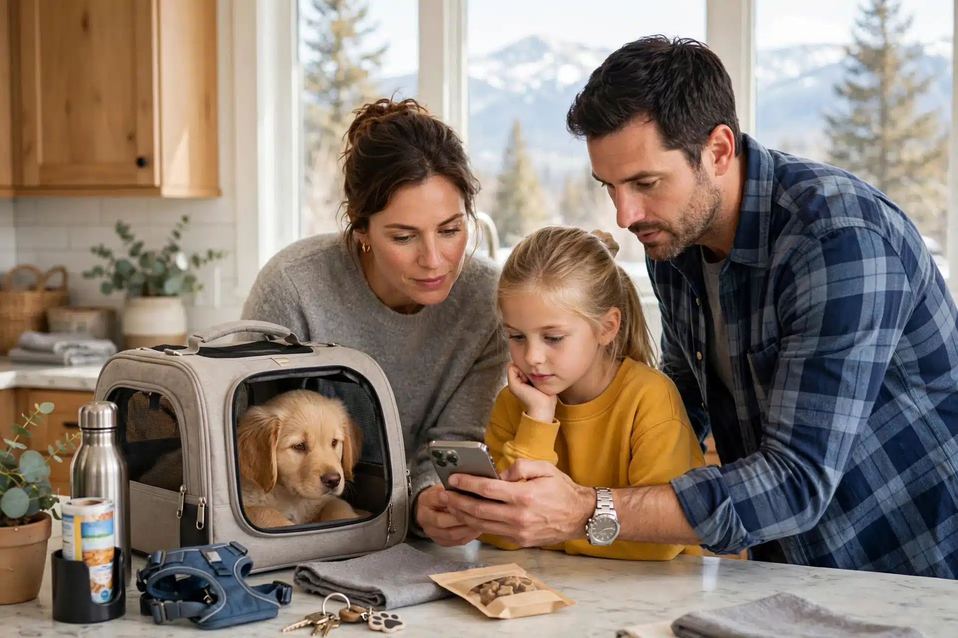 Family reviewing puppy travel checklist on phone