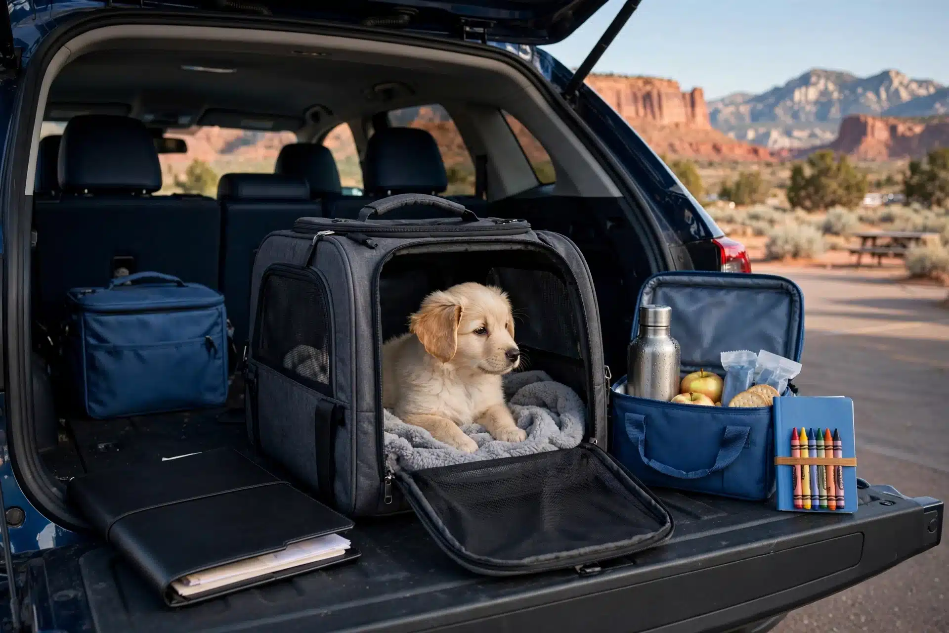Puppy in carrier beside family SUV