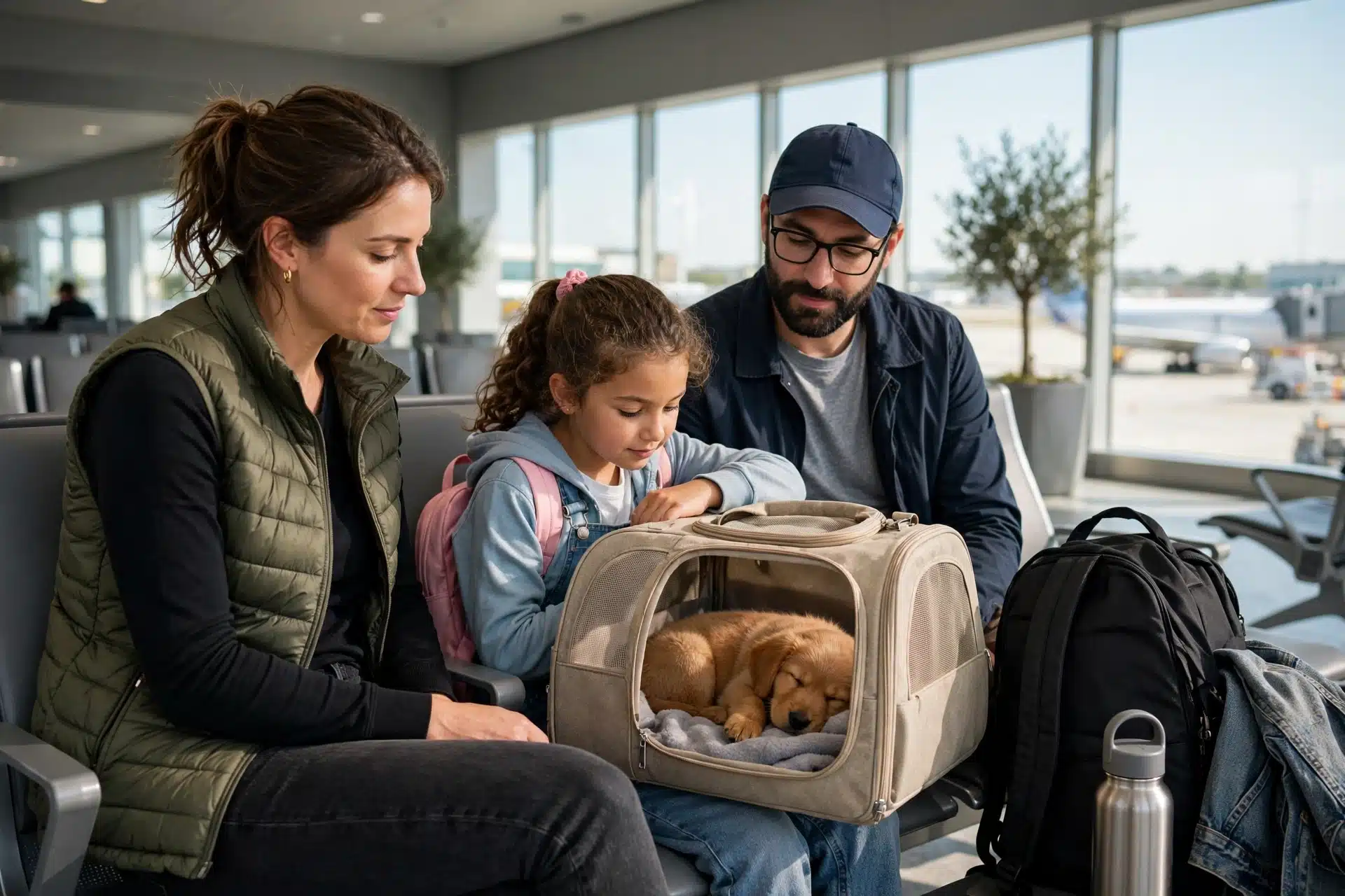 Family waiting with puppy carrier at airport gate