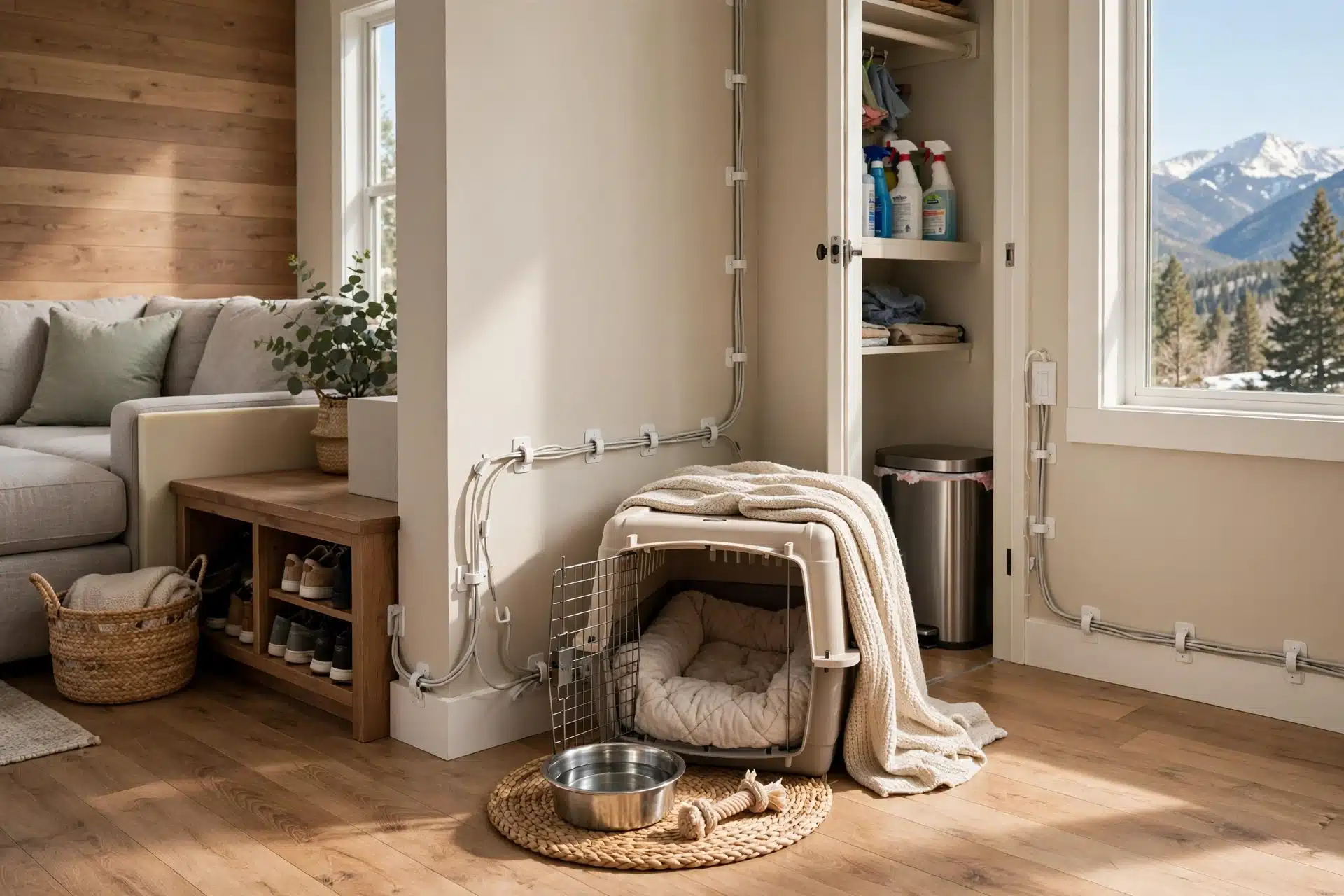 Cozy puppy arrival corner in sunlit living room