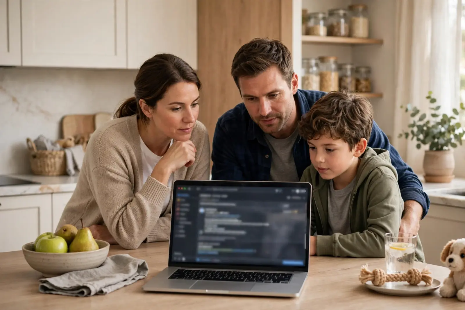Two adults and a boy looking at a laptop on a kitchen table, with a toy dog beside them