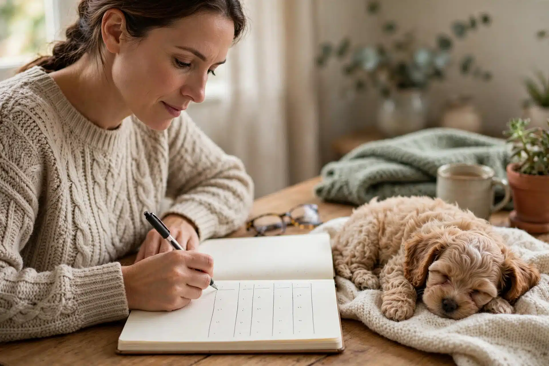 Woman writing in notebook beside sleeping Cavapoo