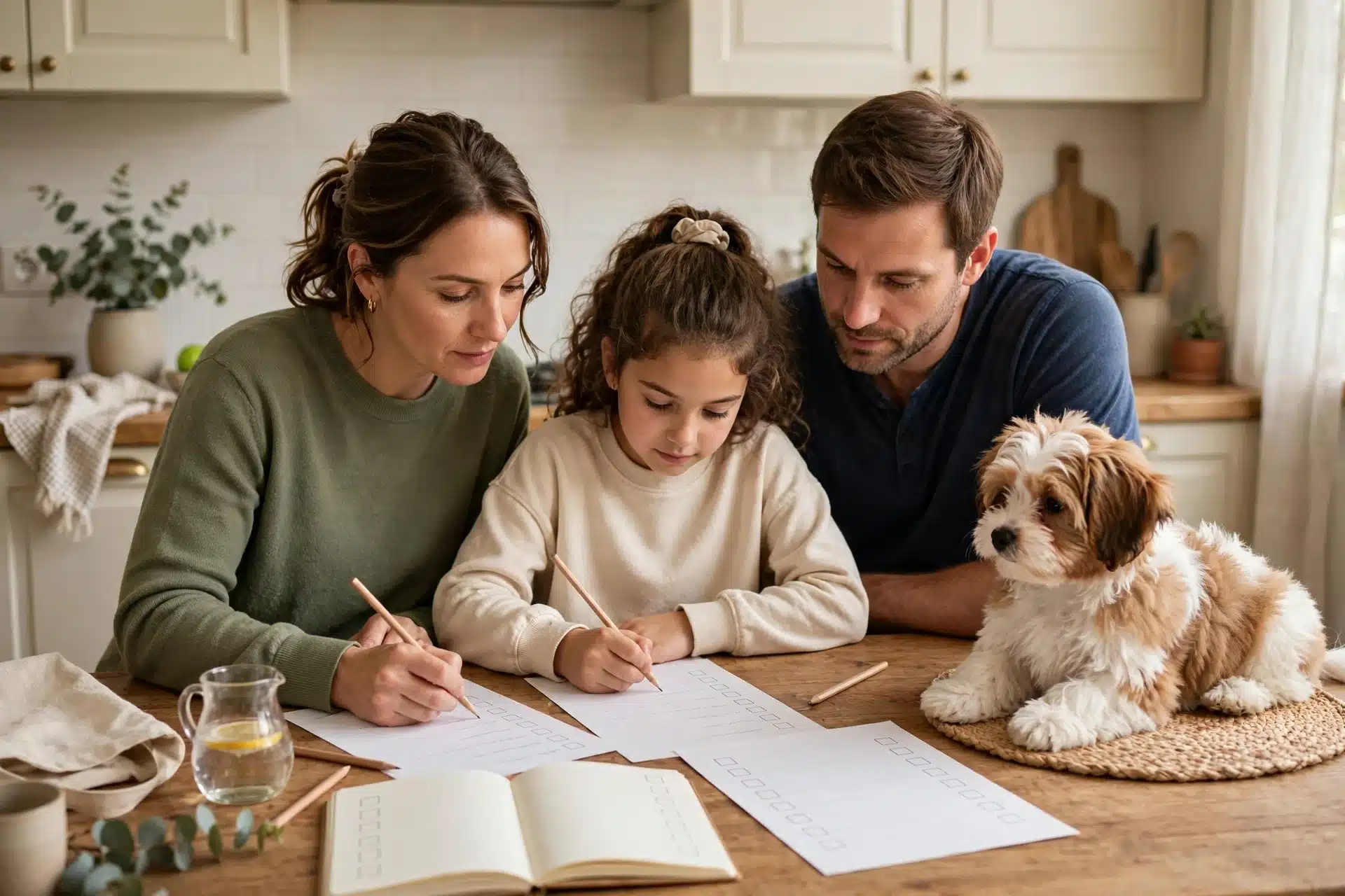 Family writing breeder checklist with puppy