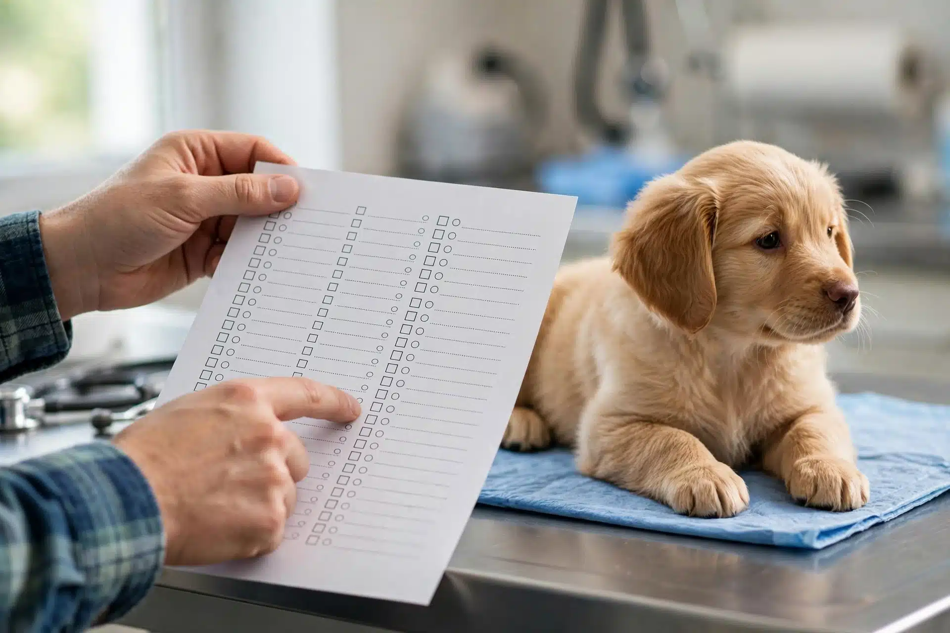 Breeder reviewing puppy vaccination record on exam table
