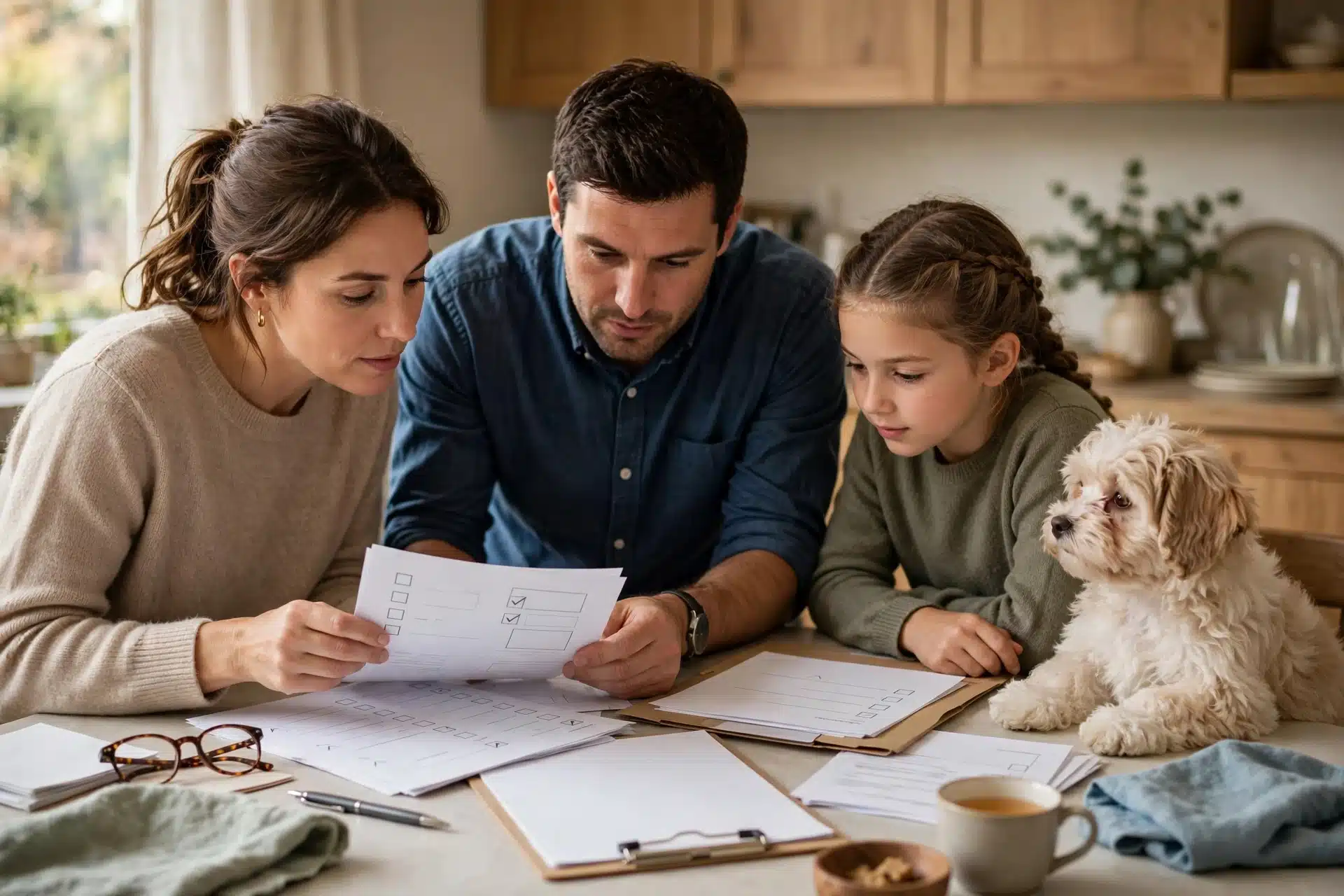 Family reviewing health records with puppy