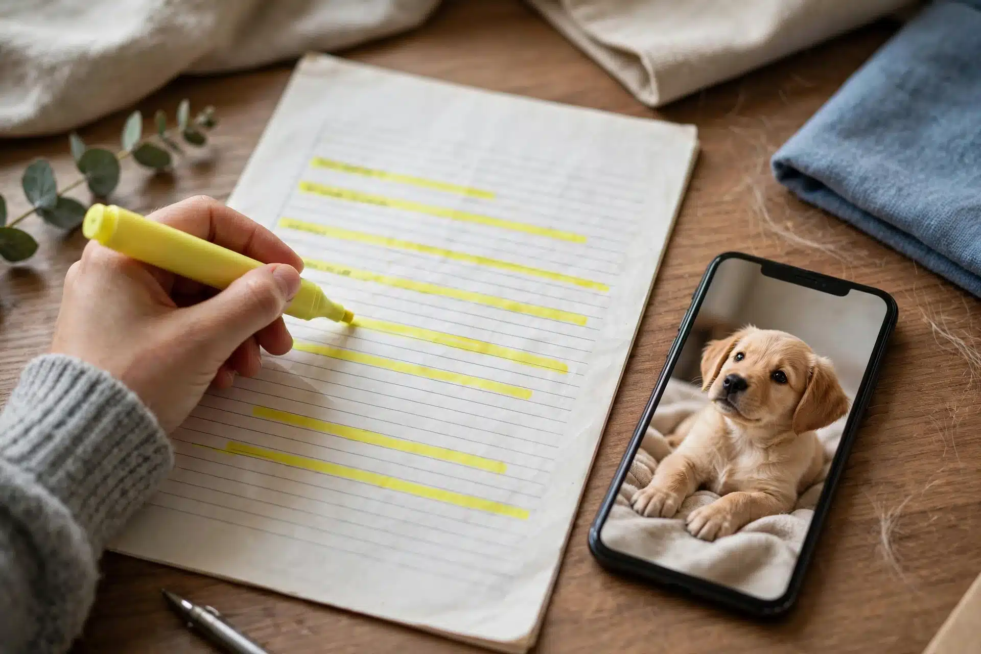 Hand highlighting dates on puppy vaccination record
