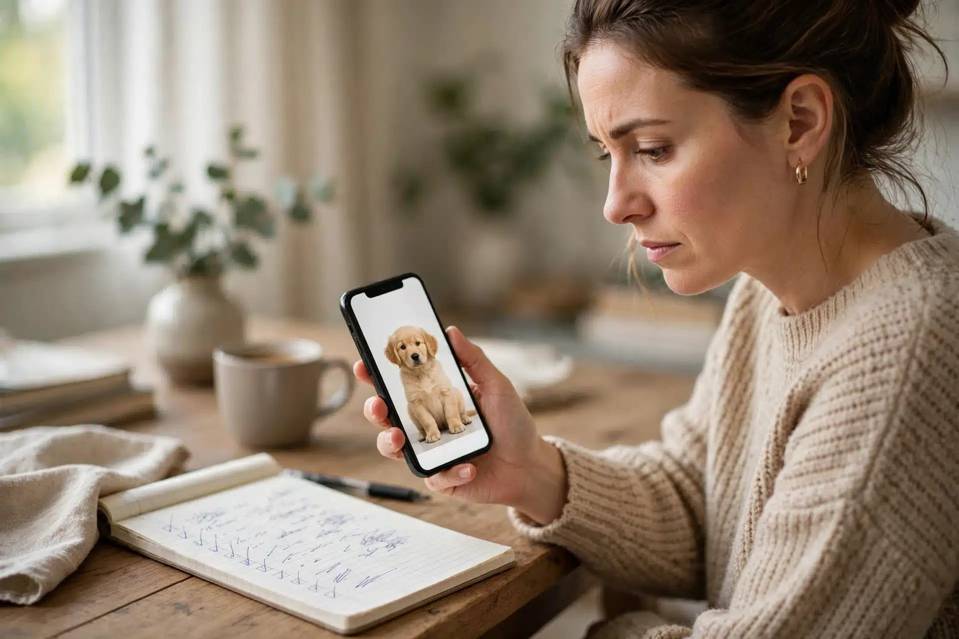Woman pausing over phone with notepad