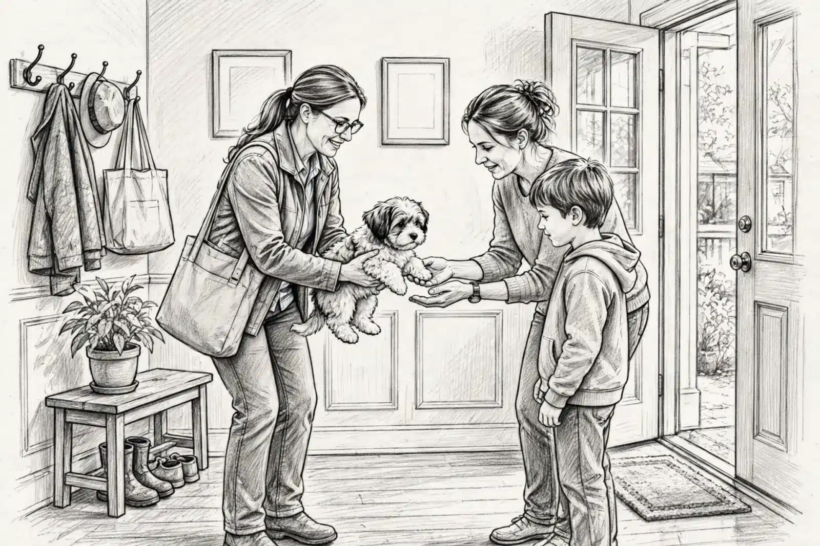 A woman and a young boy excitedly receive a fluffy puppy from another woman in a doorway, suggesting a happy new pet adoption. This scene relates to verifying Idaho puppy breeder credentials.