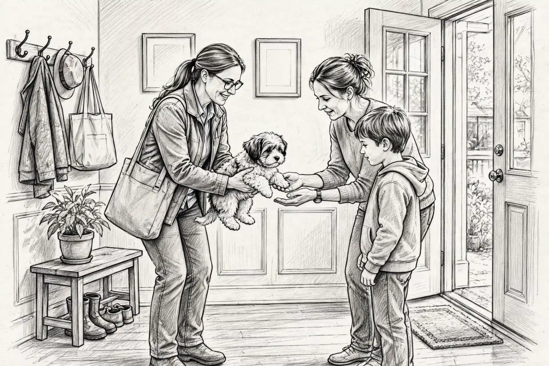 Breeder handing Havanese puppy to family indoors