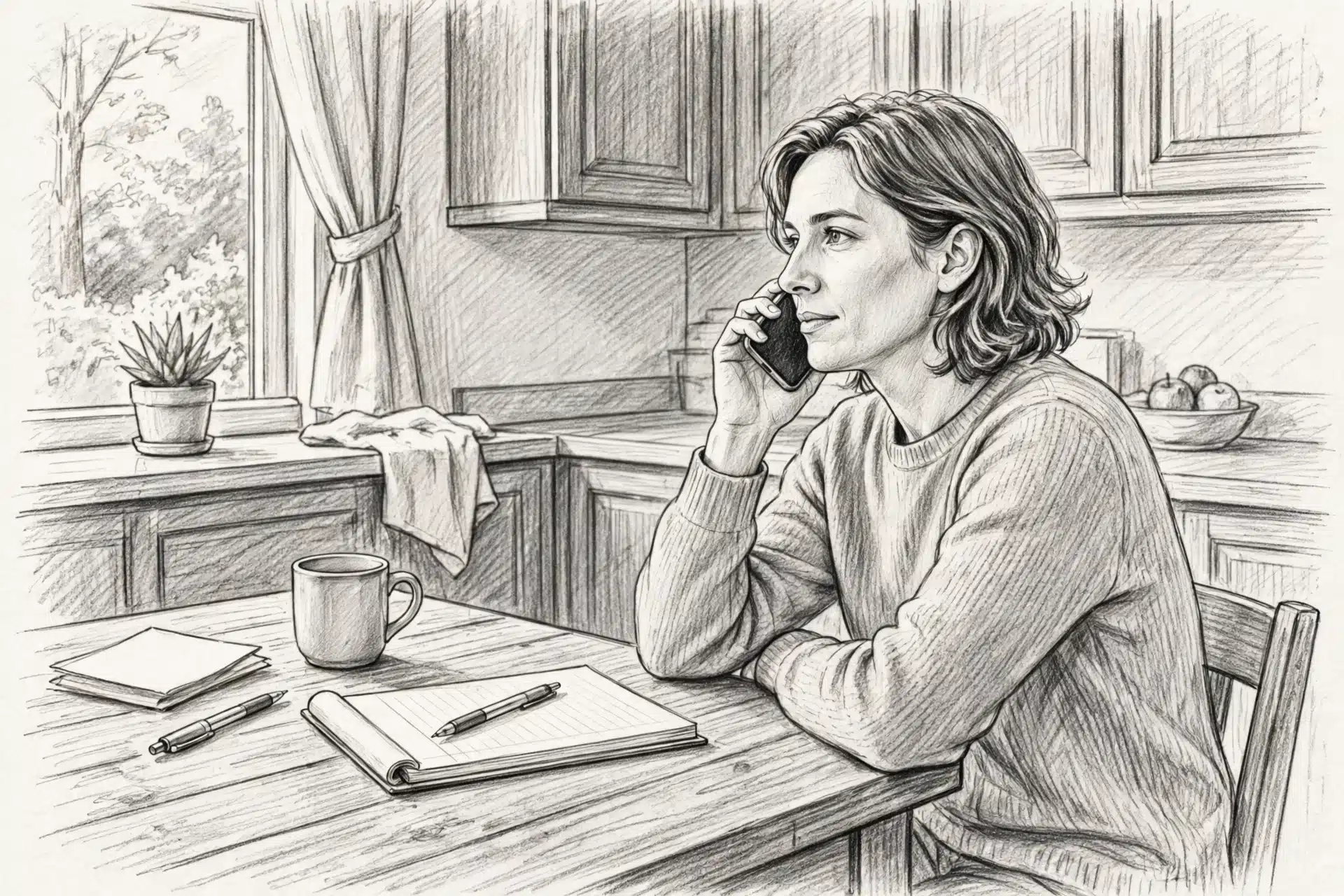 Pencil sketch of phone and notepad on kitchen table