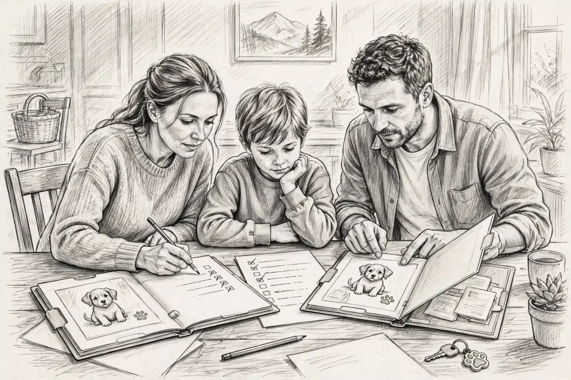 Family comparing breeder folders with checklist