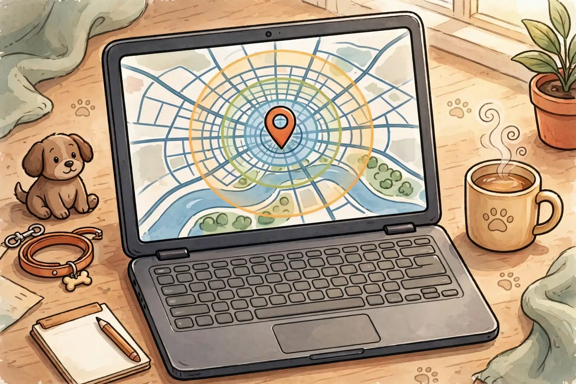Laptop map showing radius circles around Indianapolis