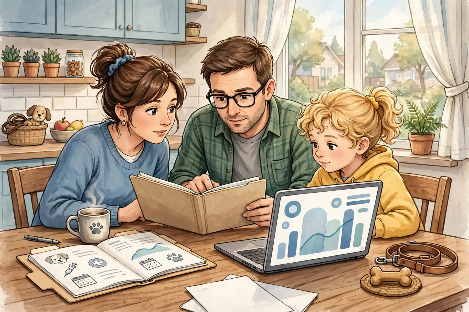 Family reviewing puppy health records at table