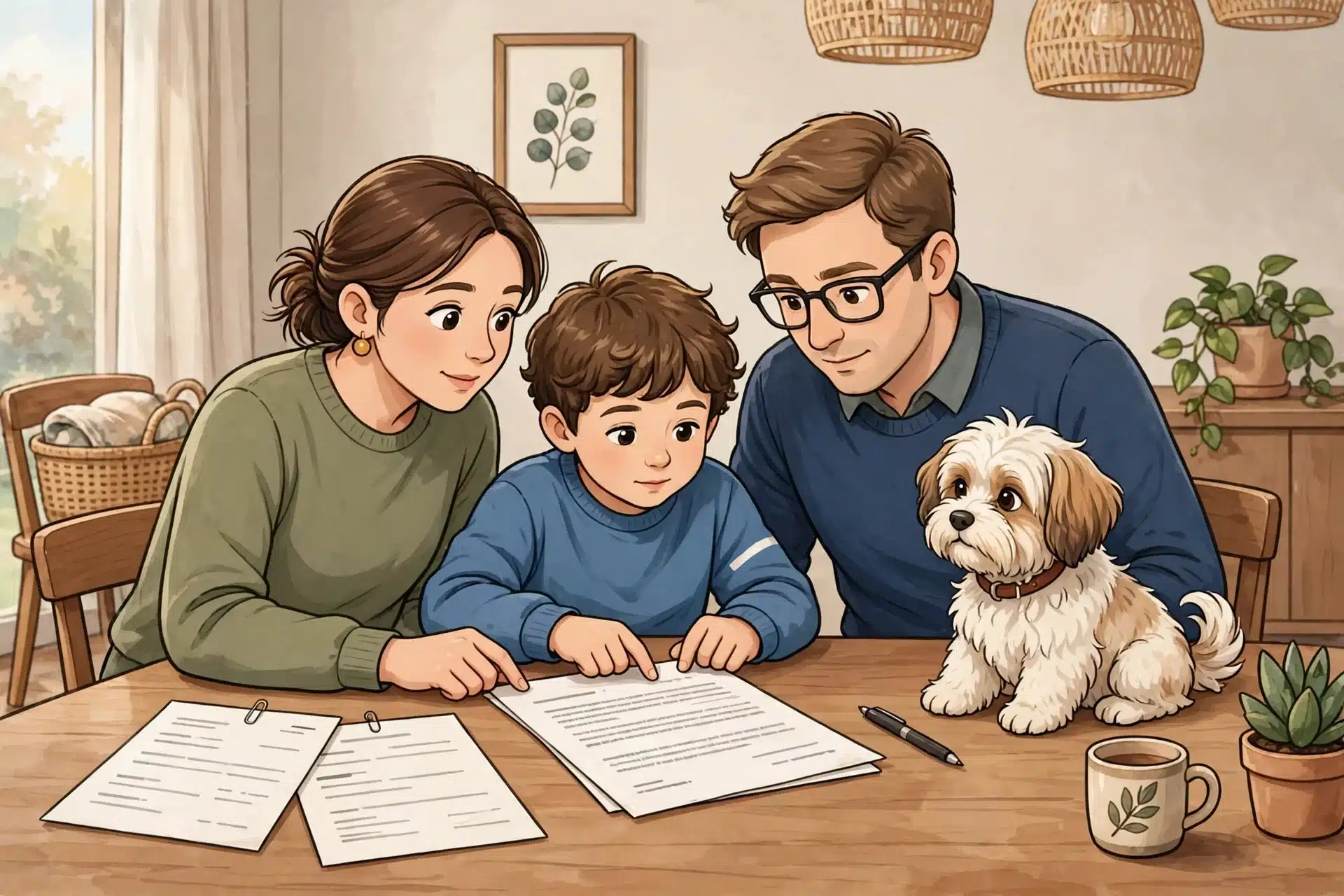 Family reviewing puppy contract with Havanese