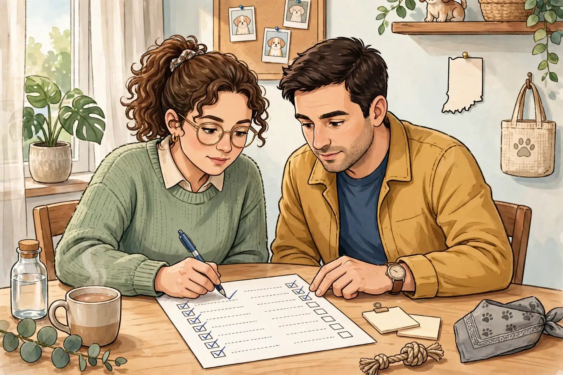Couple comparing breeder checklists at bright table