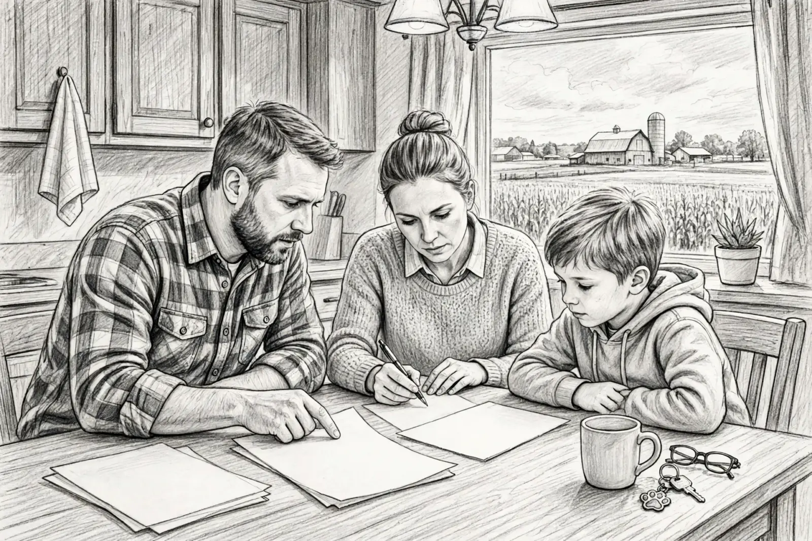 A family reviews documents at a table, with a rural Iowa farm scene visible through the window, illustrating discussions about puppy contracts.