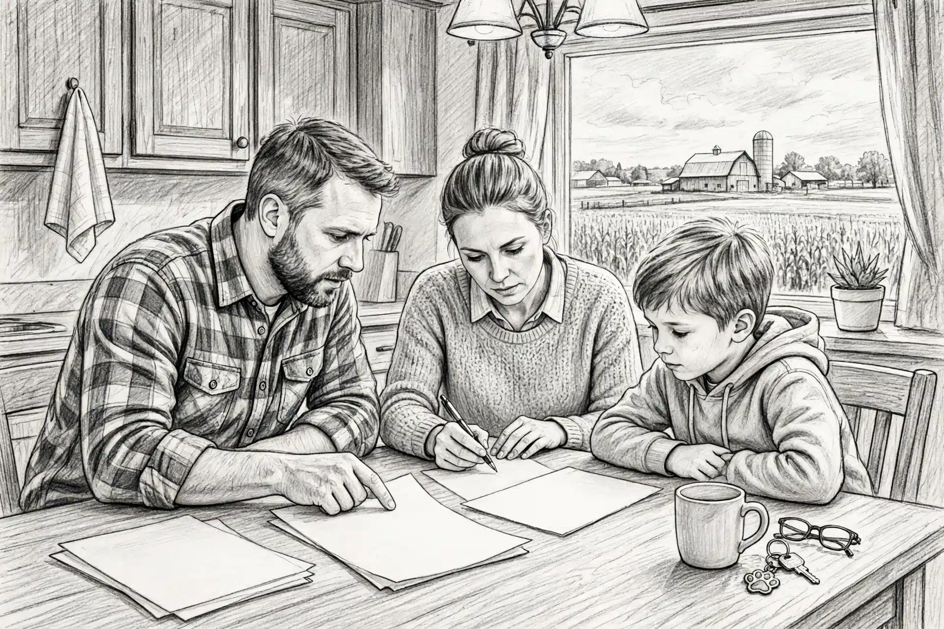 Iowa family reviewing puppy contract at kitchen table