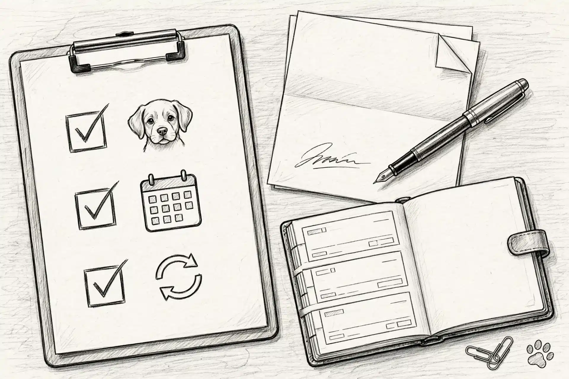 Pencil sketch of puppy deposit checklist and contract