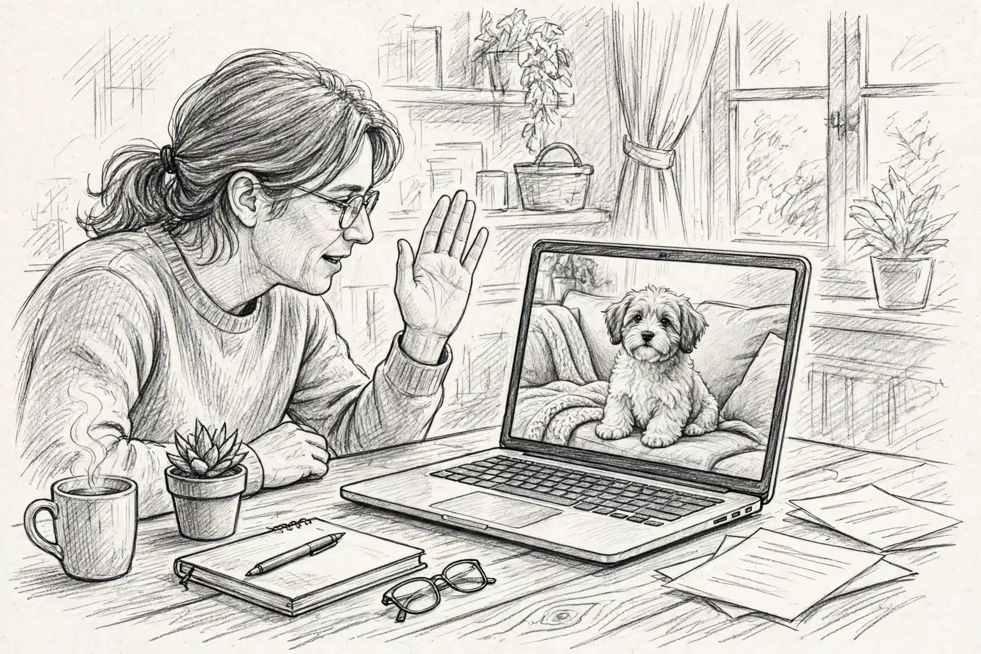 Video call with Havanese puppy on couch