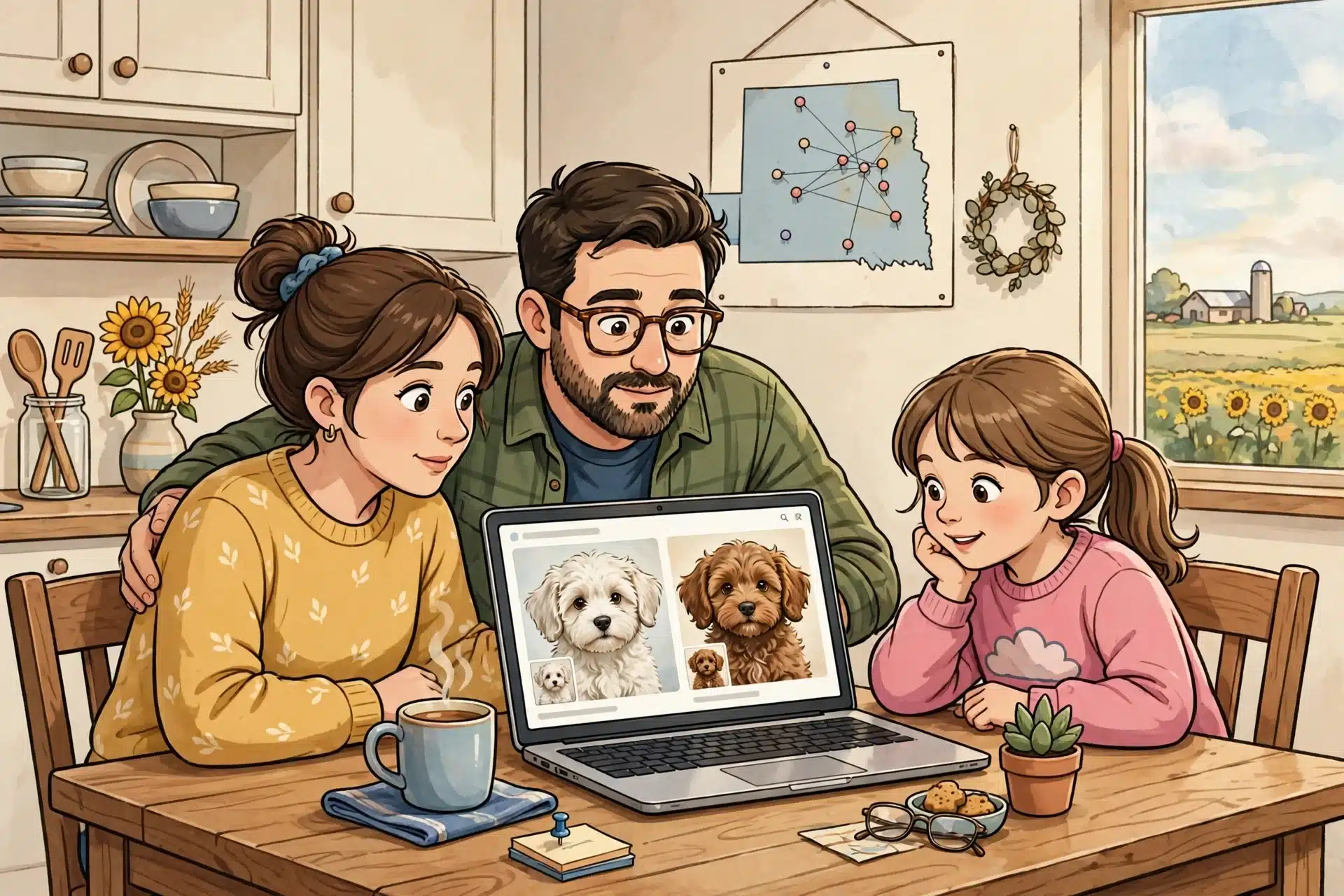 Family browsing puppy listings on laptop