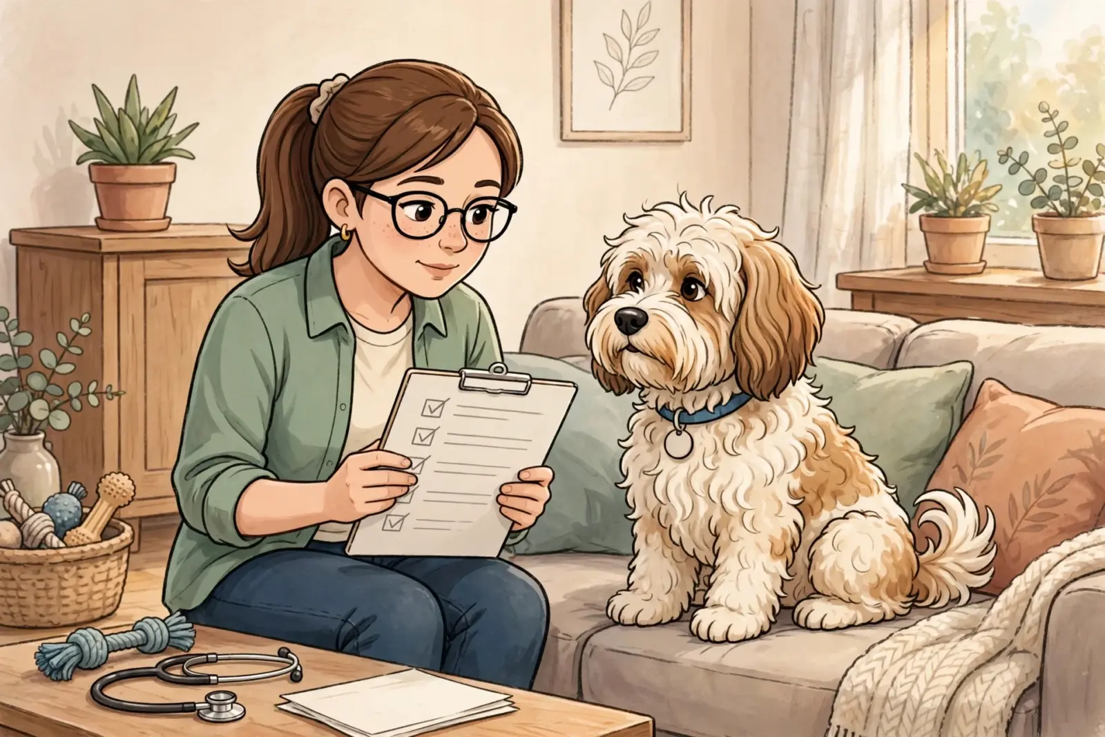 Person with glasses reviews a clipboard beside a brown and white puppy on a sofa