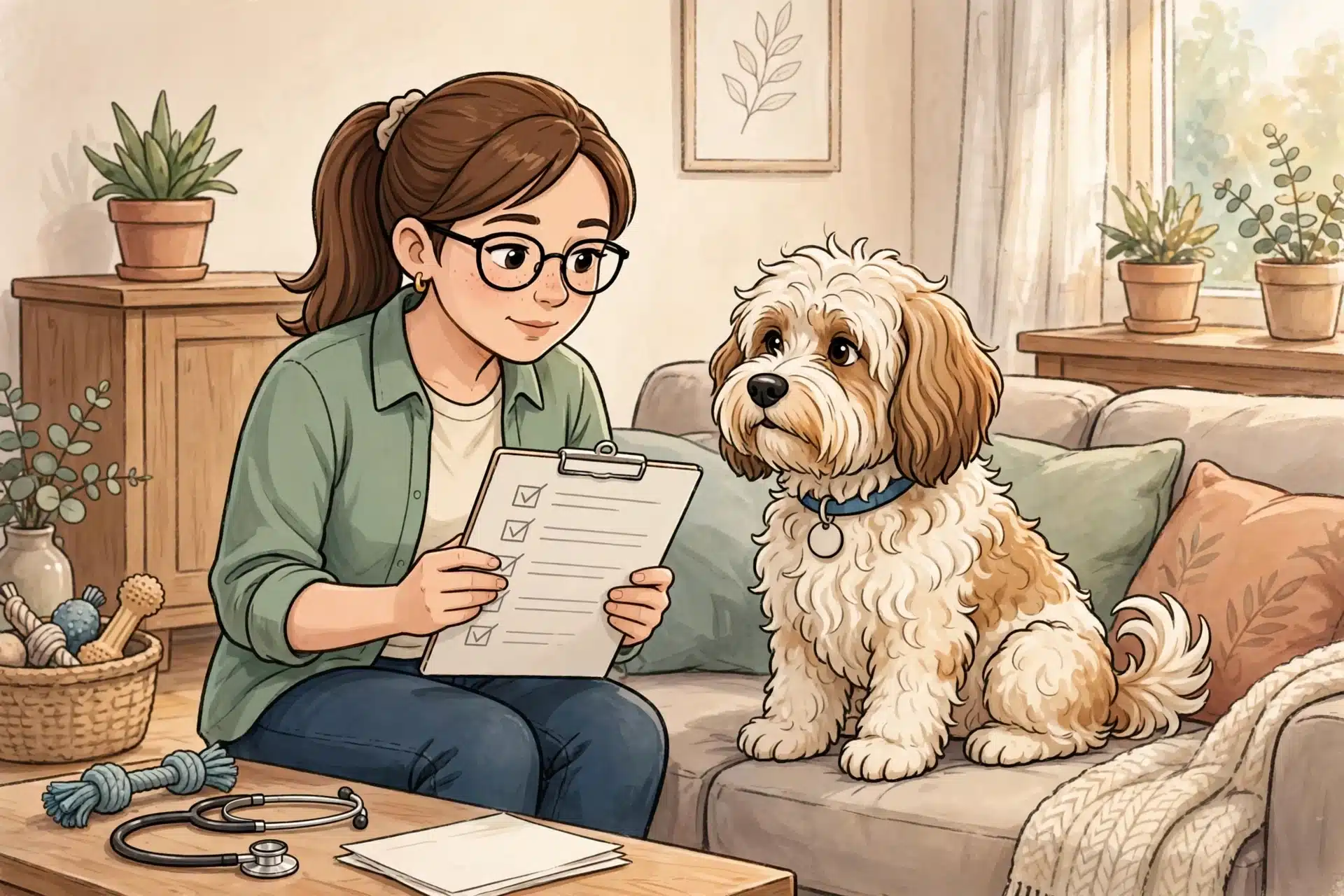 Breeder reviewing health papers with Havanese