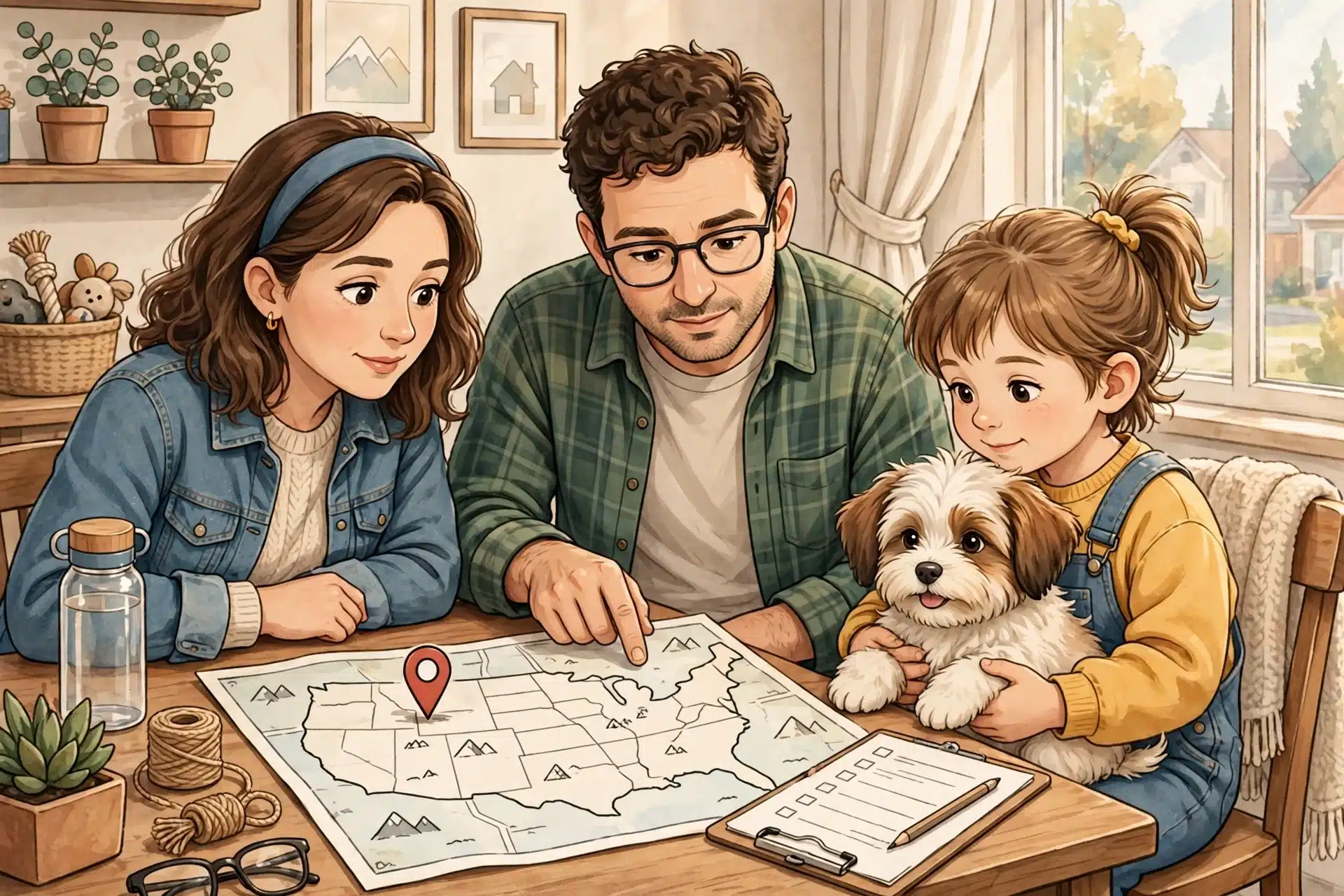 Family reviewing map with Havanese puppy