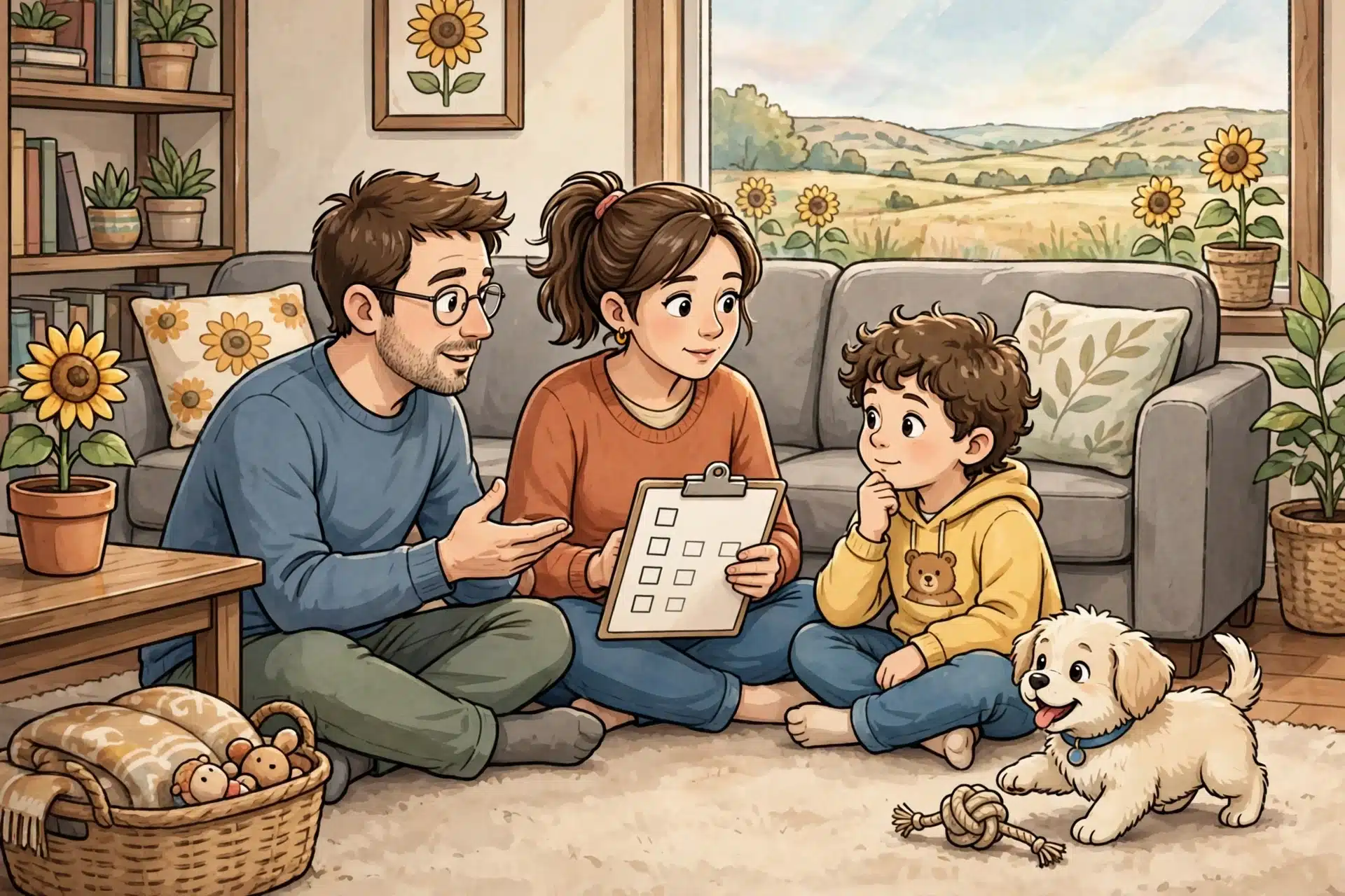 Family reviewing checklist with puppy nearby