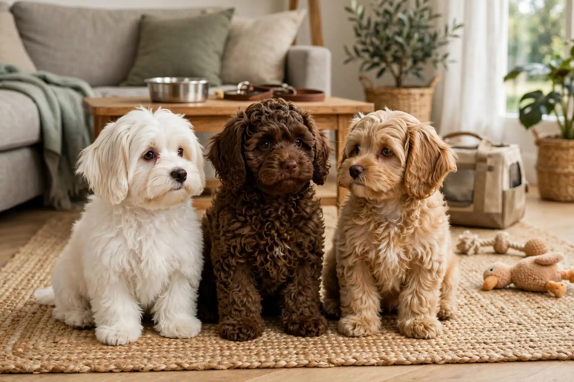 Three fluffy puppies sitting on living room rug