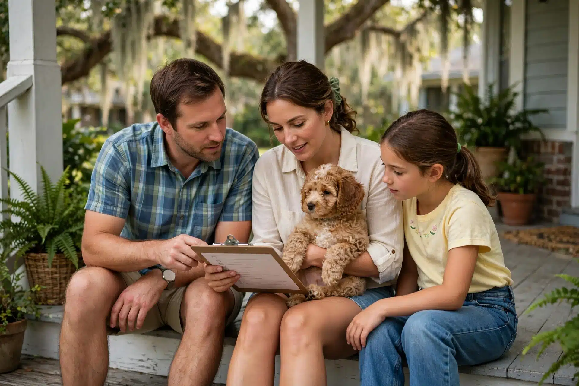 Family with curly-coated puppy on porch steps