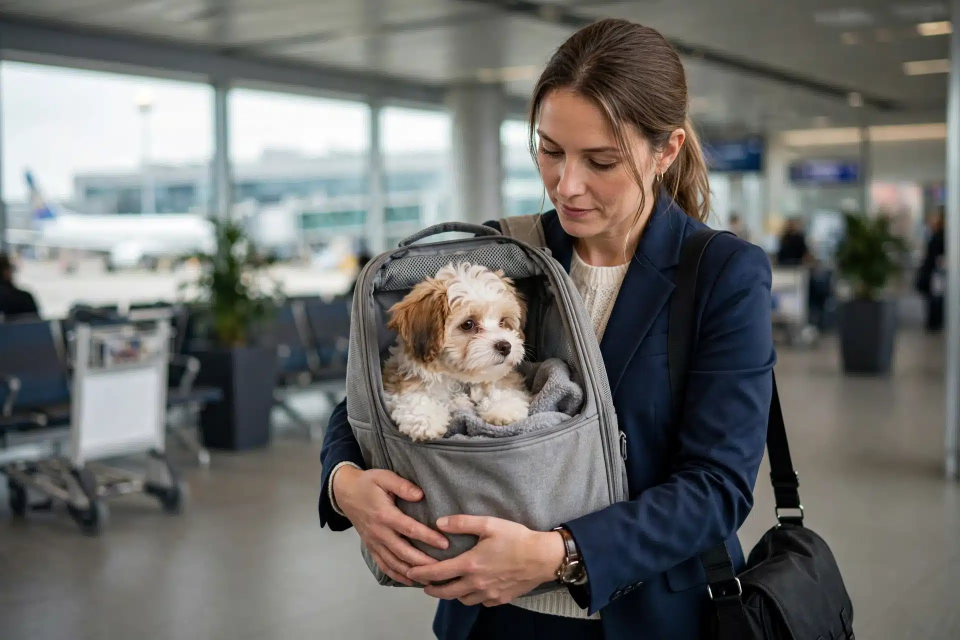 Flight nanny carrying Havanese puppy in terminal