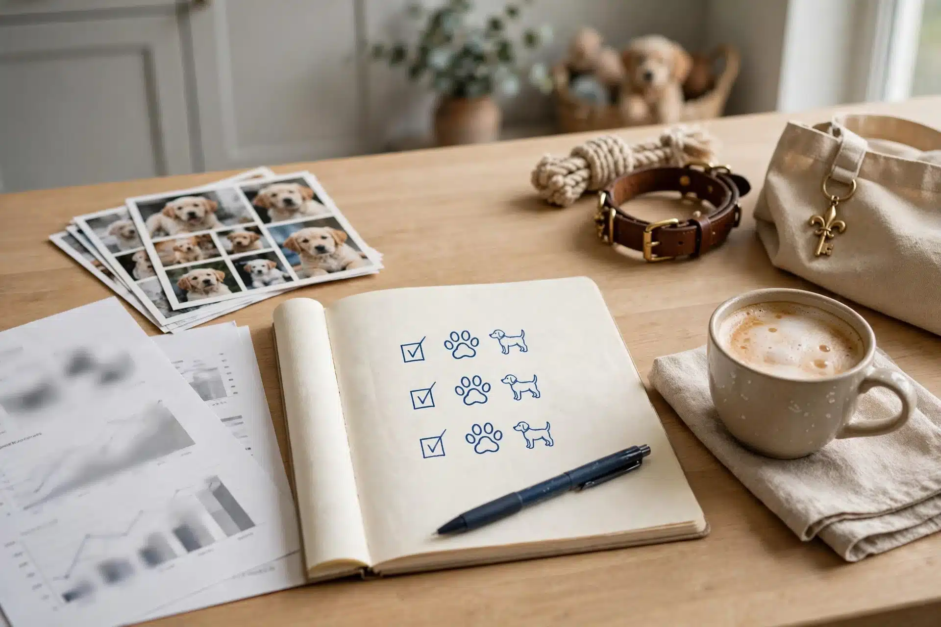 Notebook with dog names on kitchen counter