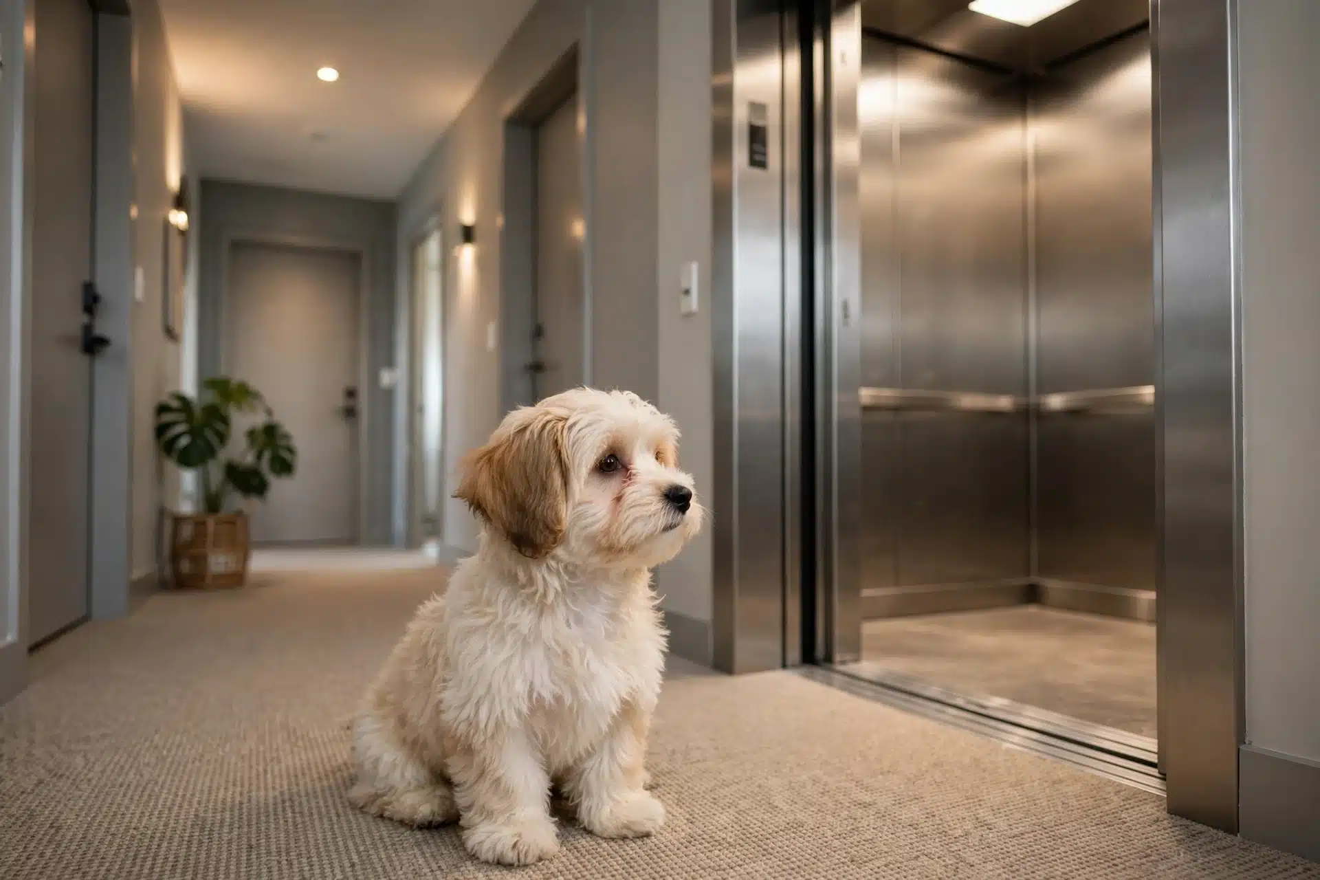 Havanese puppy watching elevator door open