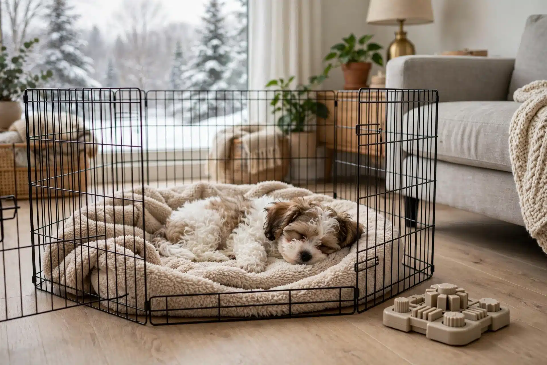 Havanese puppy napping beside puzzle toy