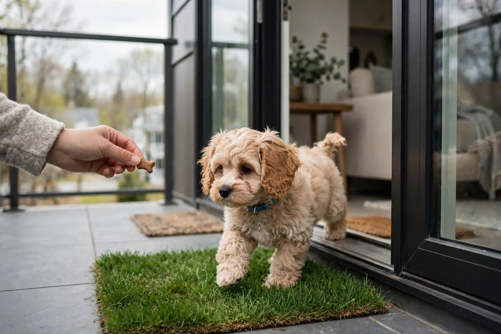 Havapoo puppy stepping onto grass patch