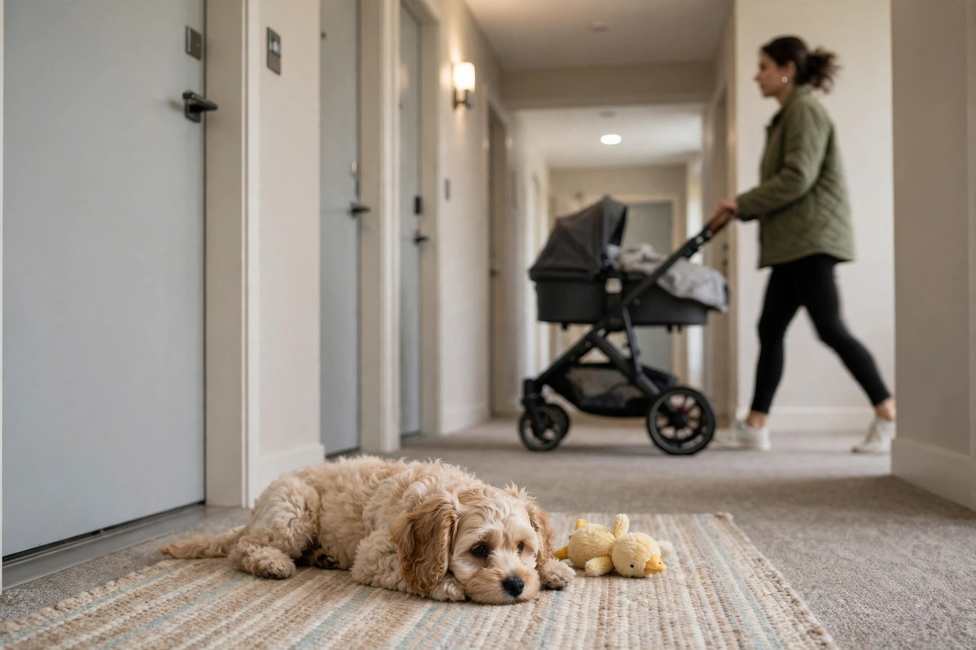 Havapoo puppy calm on hallway rug