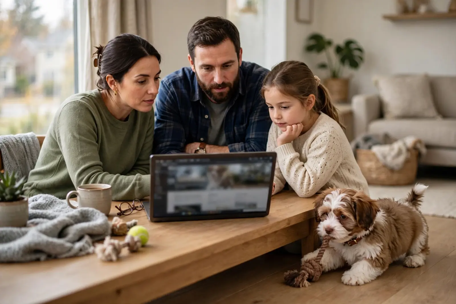 A family in Massachusetts with a fluffy puppy looks at a laptop, likely searching for puppies for sale. The girl rests her chin on her hand, while the puppy chews a rope toy.