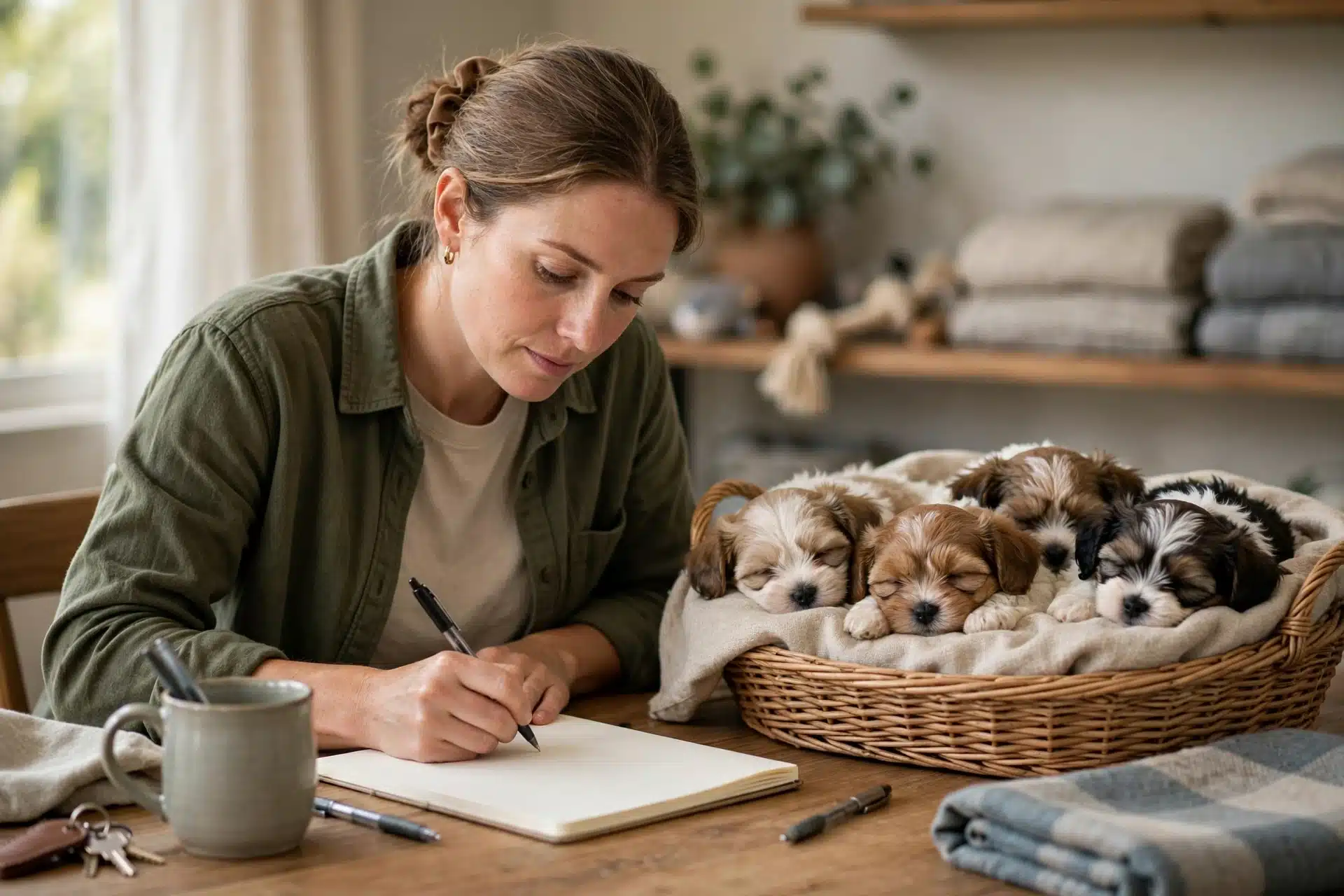 Breeder writing notes beside sleeping Havanese puppies