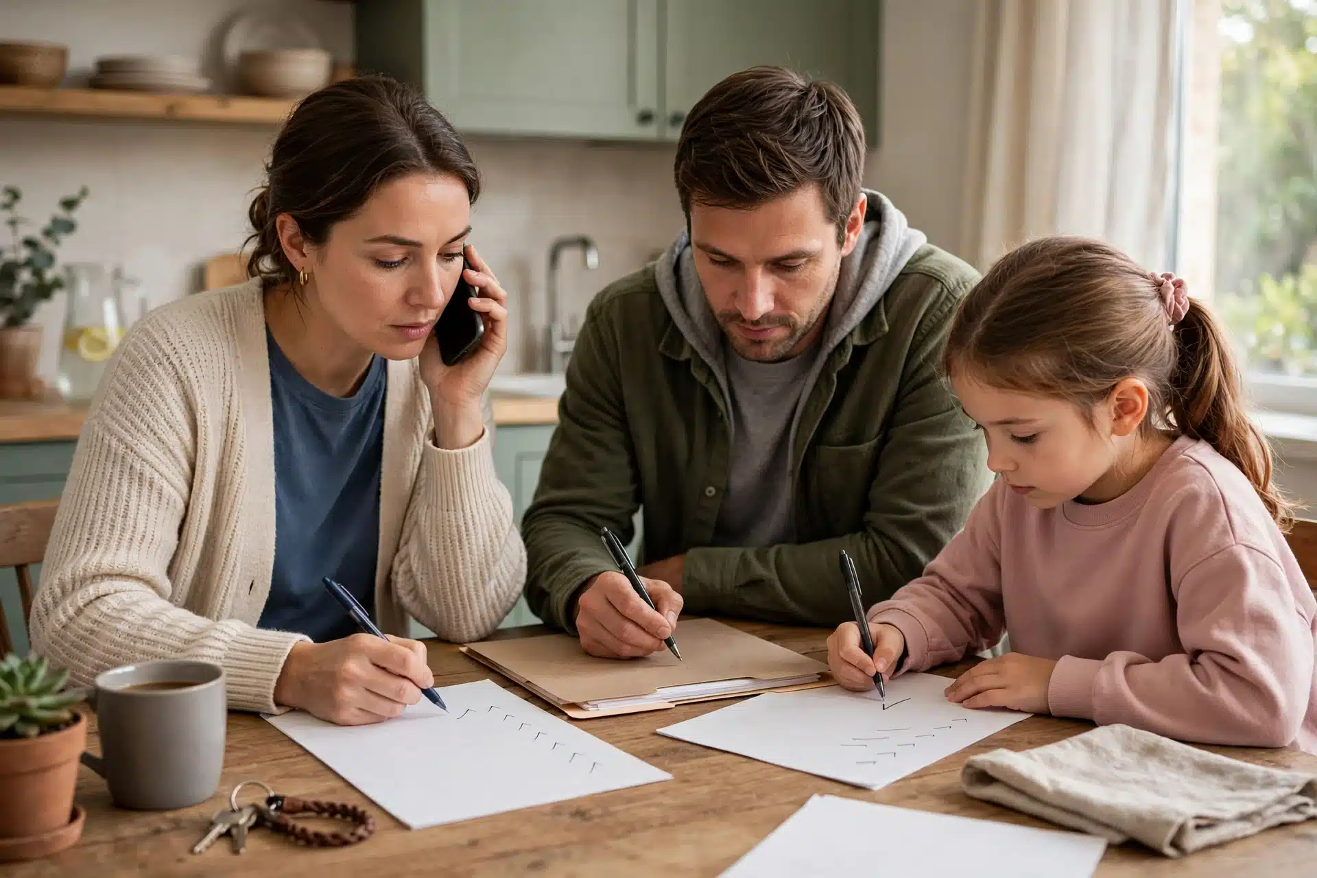 Family taking notes during puppy breeder phone call