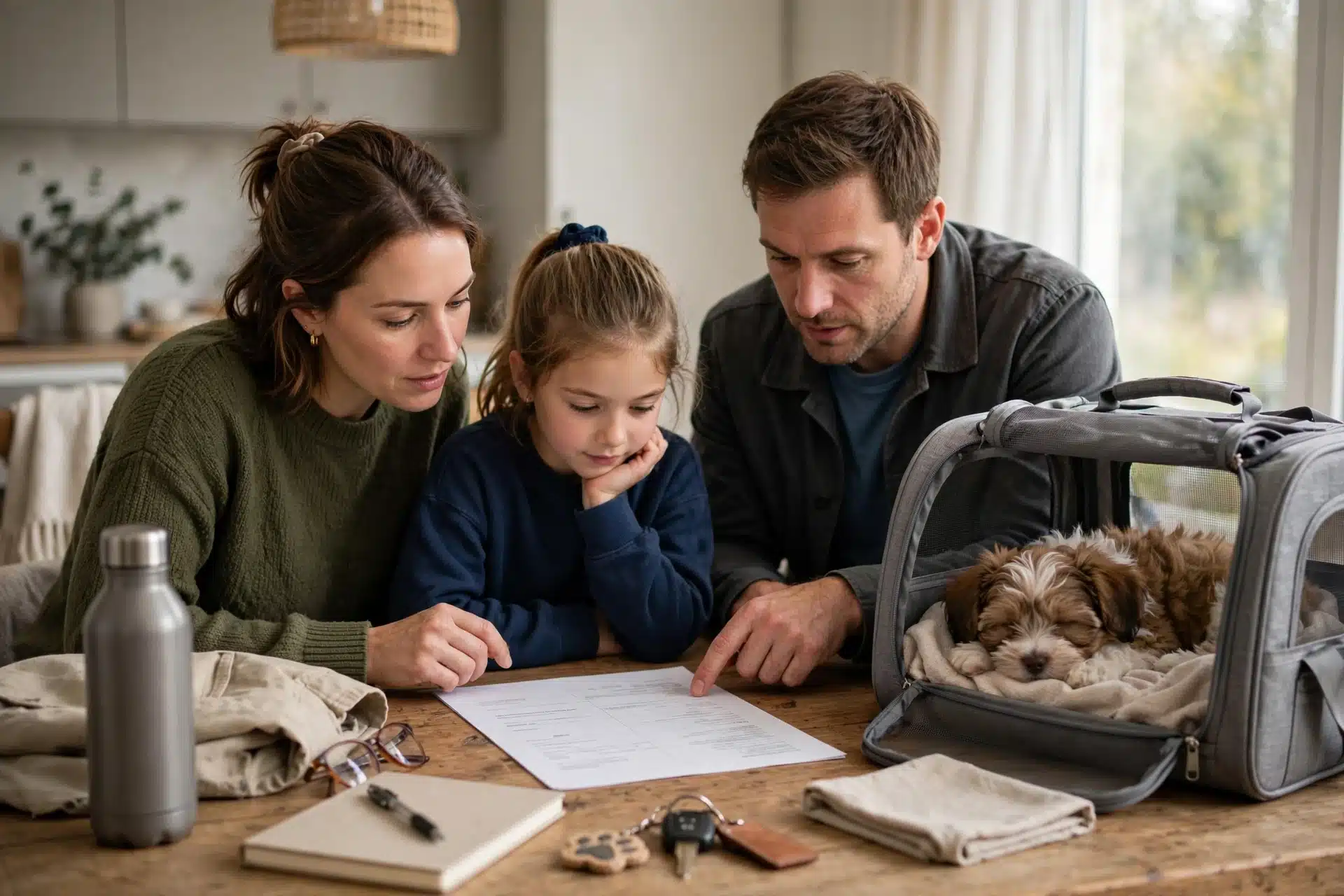 Family reviewing itinerary beside puppy carrier