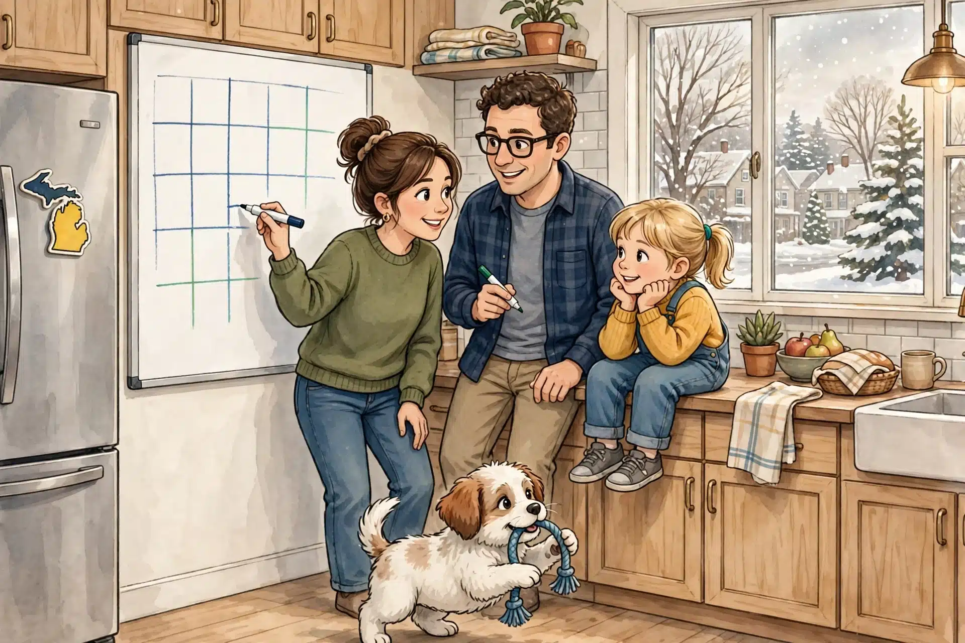 Family planning weekly routine with puppy