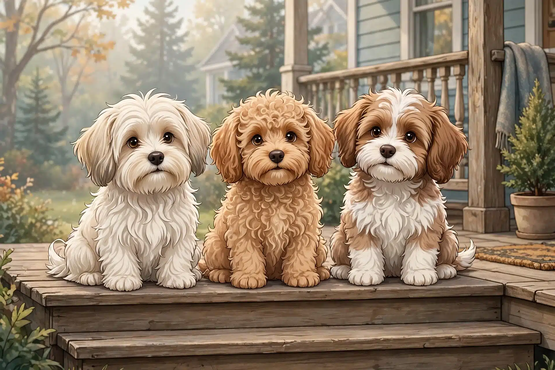 Three fluffy puppies on wooden porch steps